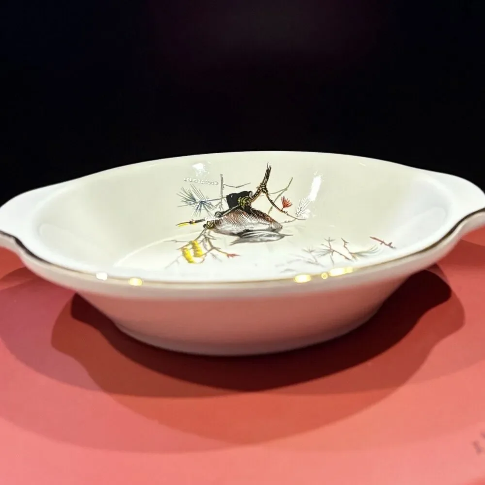 Porcelain Bird Serving Bowl Gold Trim Songbird Blue Tit Chaffinch Crested Tit